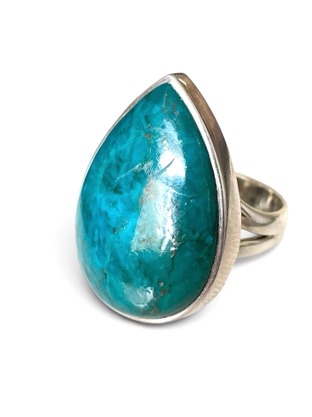 Natural Chrysocolla ring in 925 Sterling Silver large tear drop ring US: 6